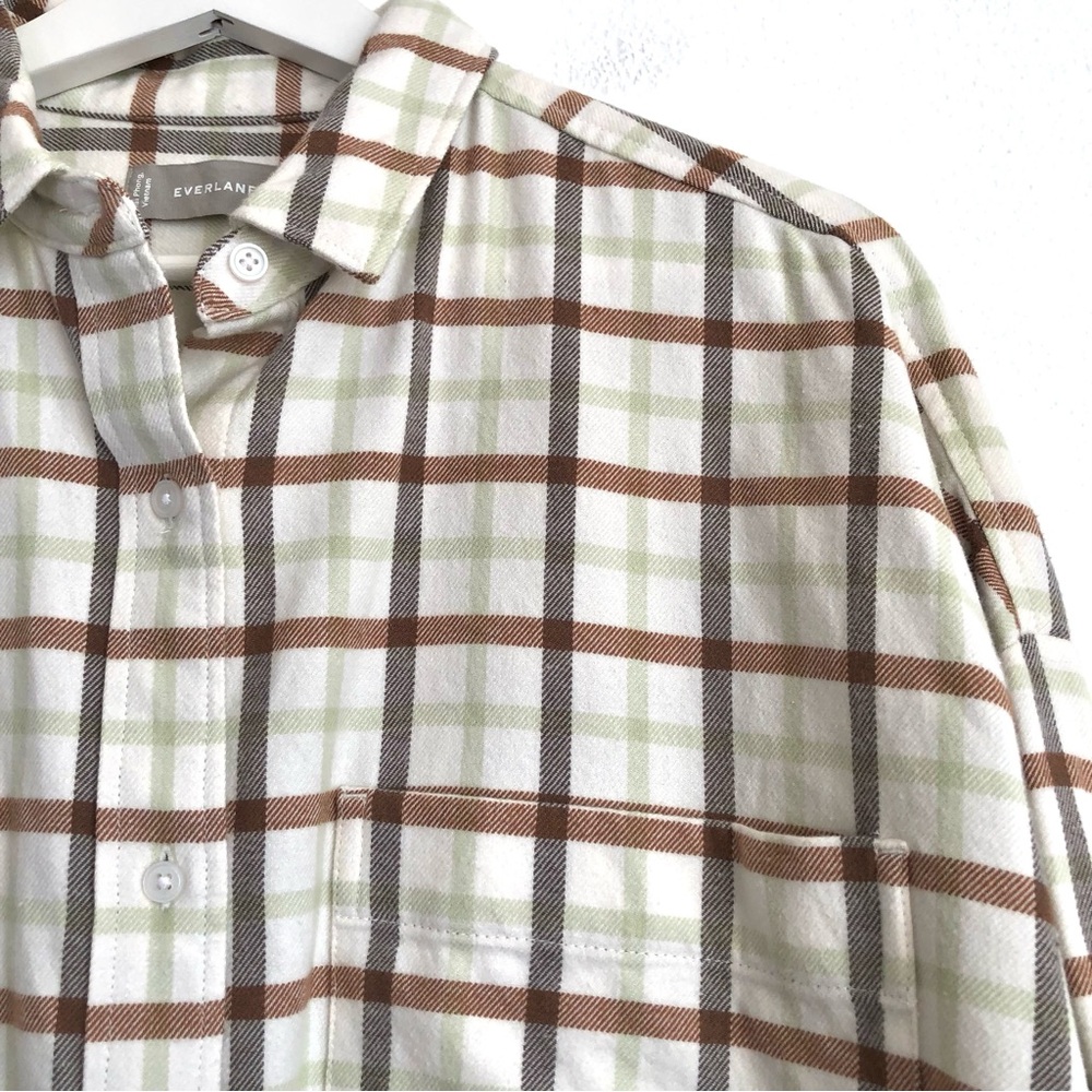 NWT Everlane The Boxy Flannel Green Brown Plaid Button Up Shirt Top Size Medium - Picture 4 of 13